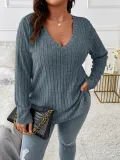 Women's Autumn Winter Solid Color Ribbed V-Neck Plus Size Pullover Top
