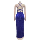 Women's Fashion Sequin Strap Backless Slit Evening Dress