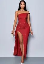 Asymmetric Straps High Slit Ruffled Long Dress