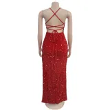 Women's Fashion Sequin Strap Backless Slit Evening Dress