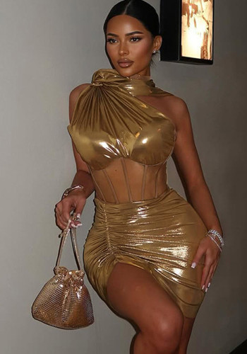 Women's Spring Sleeveless Mesh Patchwork Shiny Two Piece Skirt Set