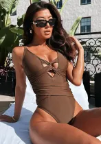 Coffee Lace-Up Deep V One-Piece Swimsuit