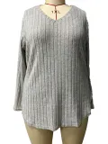 Women's Autumn Winter Solid Color Ribbed V-Neck Plus Size Pullover Top