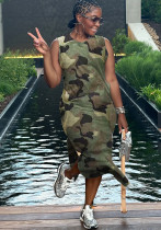 Women spring and summer camouflage print slit dress