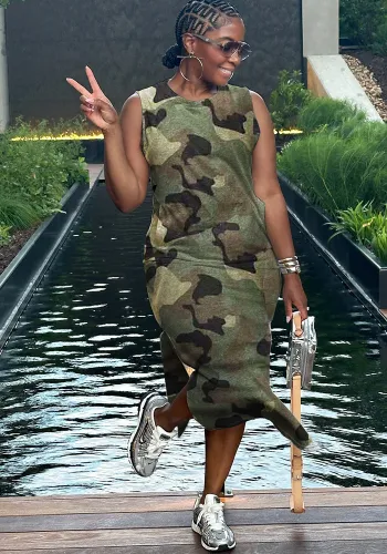 Women spring and summer camouflage print slit dress