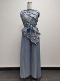 Plus Size African Women Shiny Sleeveless Irregular Top Wide Leg Pants Two-piece Set