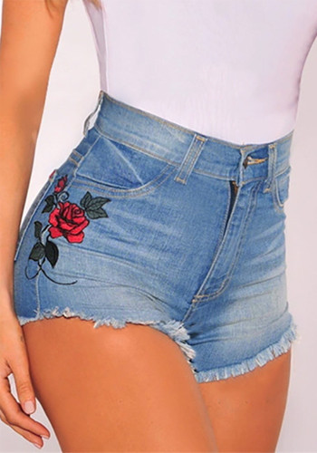 Women Embroidered Elastic Raw Edge Denim Shorts
