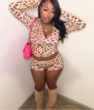 Women Casual Letter print hooded zipper Top shorts two-piece set