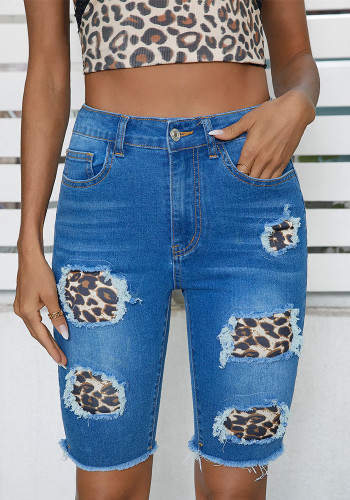 Women Ripped Applique Elastic Knee-Length Denim Shorts