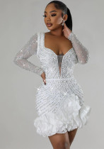 Women Beaded Long Sleeve Square Neck Dress