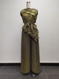 Plus Size African Women Shiny Sleeveless Irregular Top Wide Leg Pants Two-piece Set