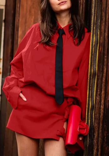 Women Turndown Collar Long Sleeve Tie Shirt Slit Knot Skirt Two-Piece Set