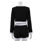 Women Black and White Contrast Patchwork Long Sleeve Top Shorts Two-Piece Set