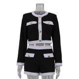 Women Black and White Contrast Patchwork Long Sleeve Top Shorts Two-Piece Set