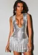 Women's Metallic Sequin Deep V Neck Silver Sexy Pleated Dress