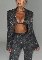 Women's Sparkly Blazer Bra Pants Three-Piece Set