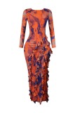 Women's Printed Backless Long Sleeve Slit Irregular Long Dress