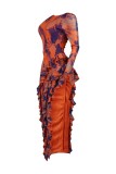 Women's Printed Backless Long Sleeve Slit Irregular Long Dress