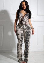 Women's Zebra Print Mesh Halter Low Back Top & Pants Set