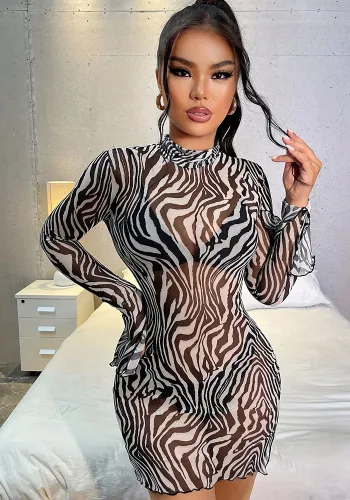Women's Zebra Print ell Sleeves See Through Bodycon Mini Dress