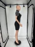 Women's Short-Sleeve Denim Patchwork Zipper Cargo Romper