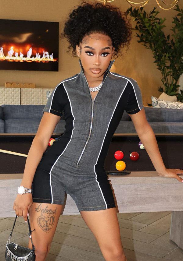 Women's Short-Sleeve Denim Patchwork Zipper Cargo Romper