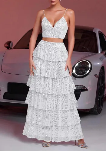 Women's Sequin Camisole Cascading Ruffles Skirt Two-Piece Set
