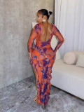 Women's Printed Backless Long Sleeve Slit Irregular Long Dress