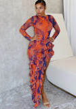Women's Printed Backless Long Sleeve Slit Irregular Long Dress