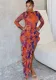 Women's Printed Backless Long Sleeve Slit Irregular Long Dress