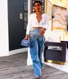 Women's High-Waist Multi-Pocket Gradient Denim Wide-Leg Pants