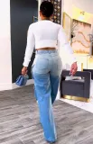 Women's High-Waist Multi-Pocket Gradient Denim Wide-Leg Pants
