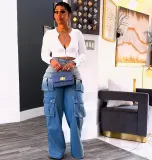 Women's High-Waist Multi-Pocket Gradient Denim Wide-Leg Pants