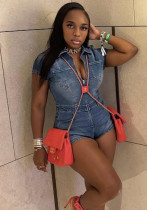 Women Short-Sleeved Washed Stretchy Denim Jumpsuit
