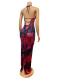 Women printed Halter Neck Lace-Up sexy backless bodycon dress