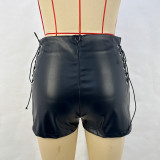 Women Autumn and Winter Black Stretchy Pu-Leather Shorts