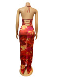 Women printed Halter Neck Lace-Up sexy backless bodycon dress