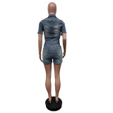 Women Short-Sleeved Washed Stretchy Denim Jumpsuit