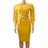 Plus Size Women Ruffle Edge Patchwork Sexy Dress With Belt