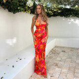 Women printed Halter Neck Lace-Up sexy backless bodycon dress