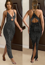 Women hollow v-neck beaded sleeveless split dress