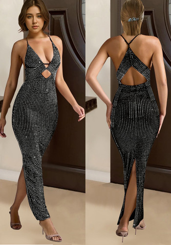Women hollow v-neck beaded sleeveless split dress