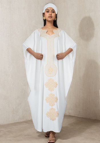 Women Muslim Embroidered Robe Turban Dubai African Dress