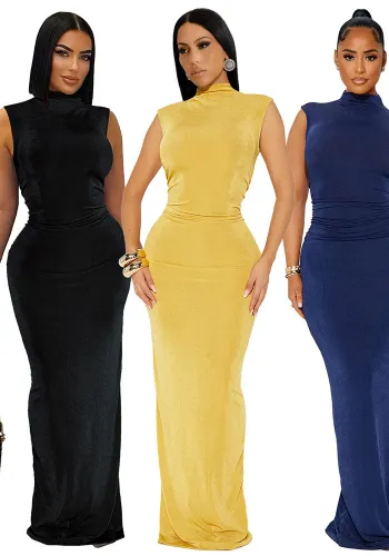 Women Half-High Neck Pleated Sleeveless Stretch Maxi Dress