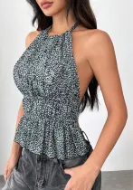 Women Solid Round Neck Pleated Halter Neck Backless Lace Top