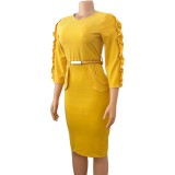 Plus Size Women Ruffle Edge Patchwork Sexy Dress With Belt
