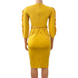 Plus Size Women Ruffle Edge Patchwork Sexy Dress With Belt