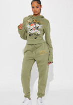 Women Print Casual Hoodies and Pants Two-Piece Set