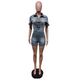 Women Short-Sleeved Washed Stretchy Denim Jumpsuit