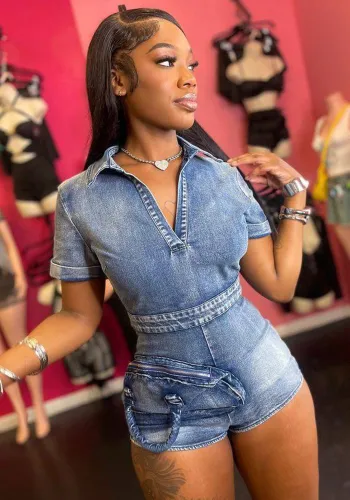 Women Denim Washed Stretchy Pocket Jumpsuit